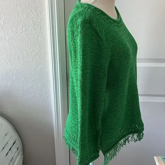 Pappagallo Bright Green Sweater Cotton Blend Fringed 3/4 Sleeves VTG - Picture 6 of 9
